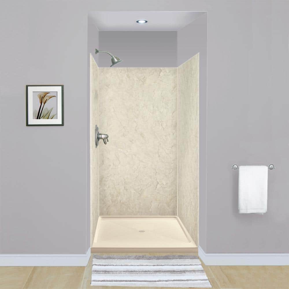 Transolid Expressions 48 in. x 48 in. x 72 in. 3-Piece Easy Up Adhesive Alcove Shower Wall Surround in Sea Fog (1)