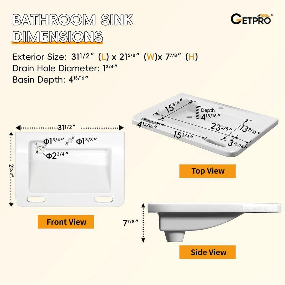 Getpro 31.5 in. Wall-Mounted Rectangular Bathroom Sink in Glossy White ADA Compliant Accessible Lavatory Vessel Ceramic Sink (3)