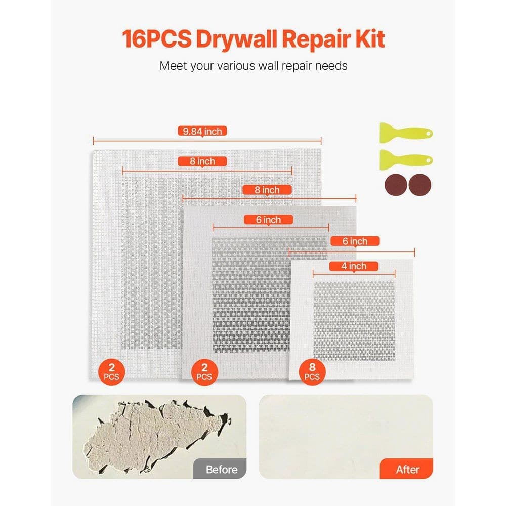 xinyoec 16-Piece Self-Adhesive Drywall Repair Patch Kit with 2-Scrapers and 2-Sandpapers for Nail Holes, Wall Cracks (2)