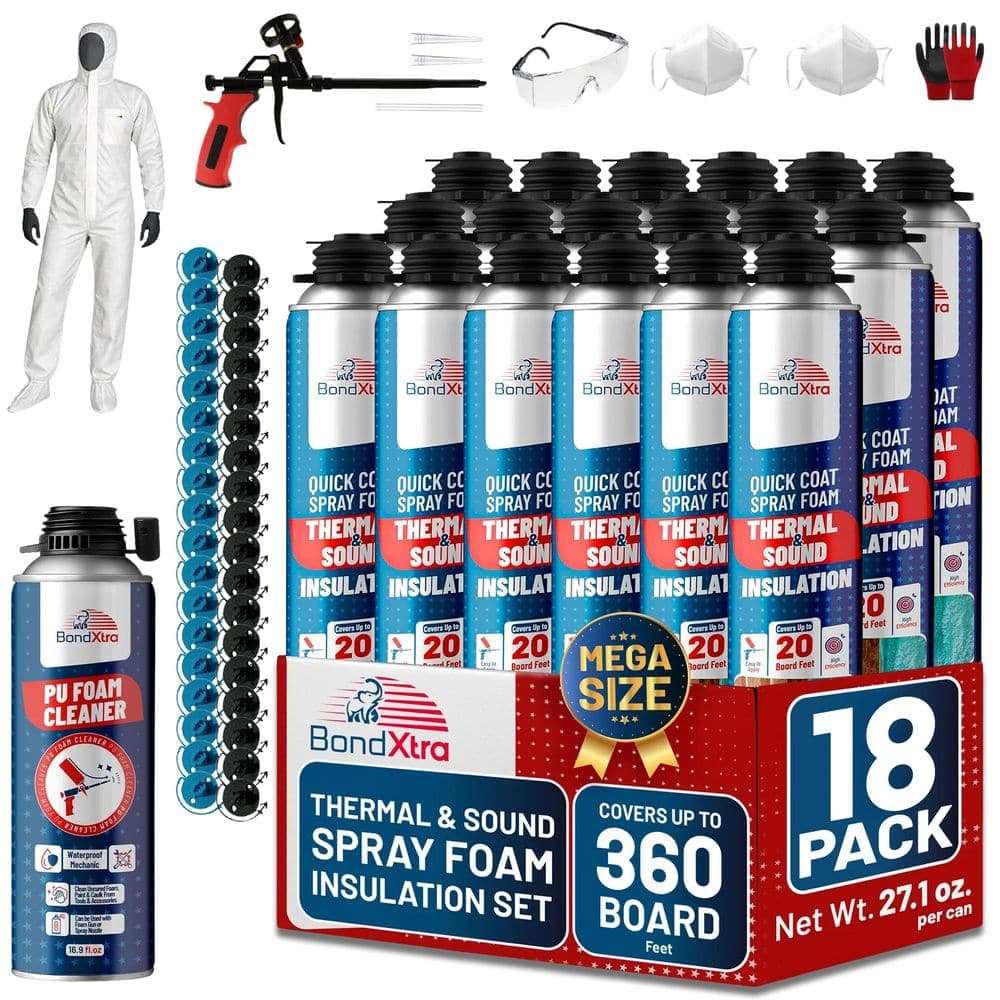 BondXtra BX930S 18-Pack Insulation Spray Foam Sealant (32.8 oz.Each) Self-Expanding,Heat and Soundproofing Kit w/ Cleaner and Gun