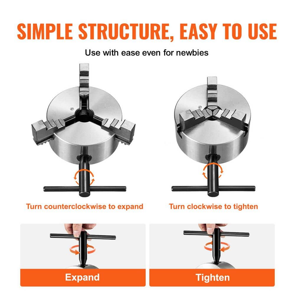 SKYSHALO 3-Jaw Lathe Chuck, 6 in. Self-Centering Lathe Chuck, 0.14-6.3 in. /3.5-160 mm Clamping Range with T-key Fixing Screws (3)