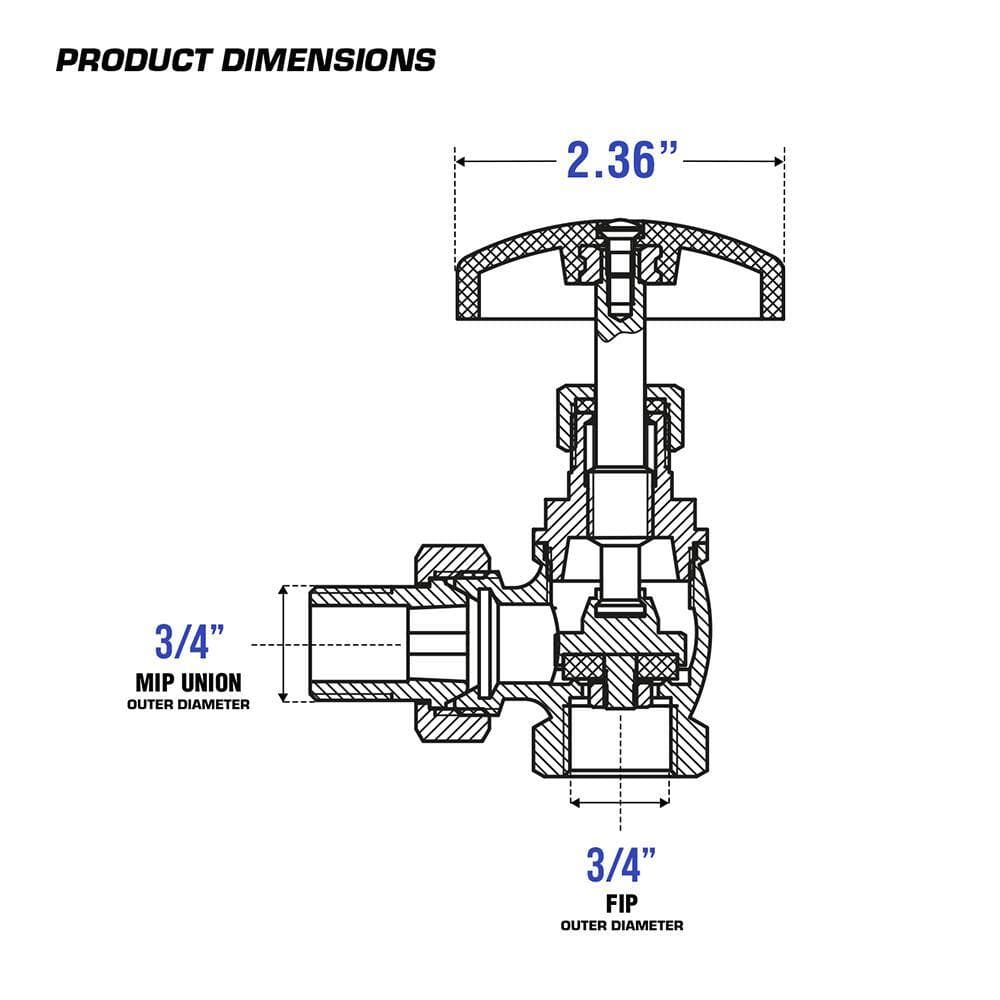 PLUMBFLEX 3/4 in. Heavy Duty Brass Steam Angle Radiator Valve FIP x Male Union, with Molded Thermal Plastic Handle (3)