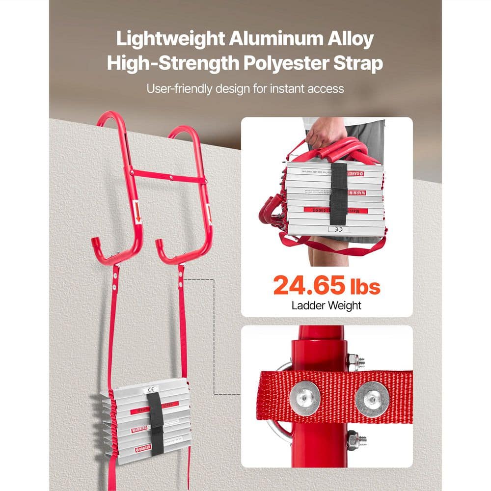 SKYSHALO Retractable 50 ft. Fire Escape Ladder, 5-6 Story, Aluminum Alloy 1000 lbs. Capacity, Anti-Slip Wide Rungs with Straps (2)