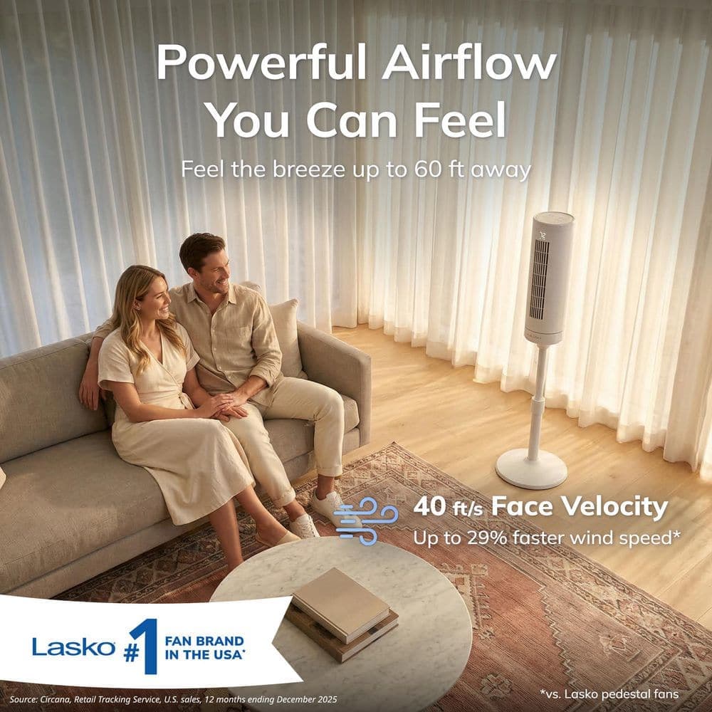 Lasko Rise 54 in. 8-Speed Adjustable Oscillating Pedestal Tower Fan in White with Quiet DC Motor, Timer, Remote, 14.6 in. Dia (2)