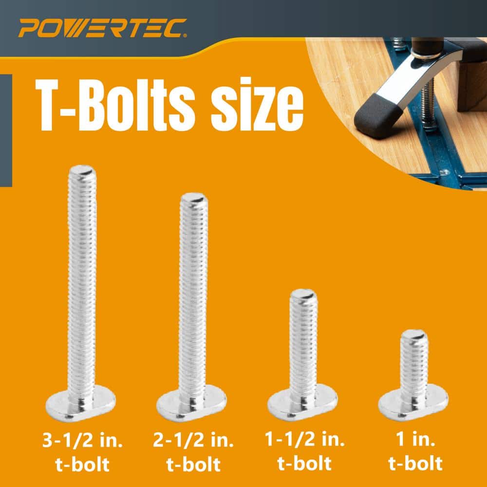 ‎POWERTEC 5/16-18 in. T Slot Bolts and Threaded Knobs Set with 5/8 in. Dia. x 3/16 in. H x 1/4 in. Shank T Slot Router Bit (3)