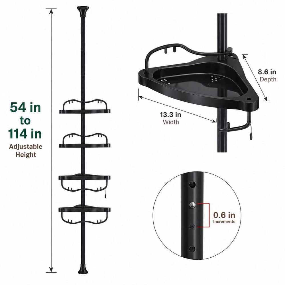 Wudkey Heavy Duty Tension Pole Floor-to-Ceiling Corner Shower Caddy with 4 Adjustable Rustproof Shelves No Drill in Black (2)