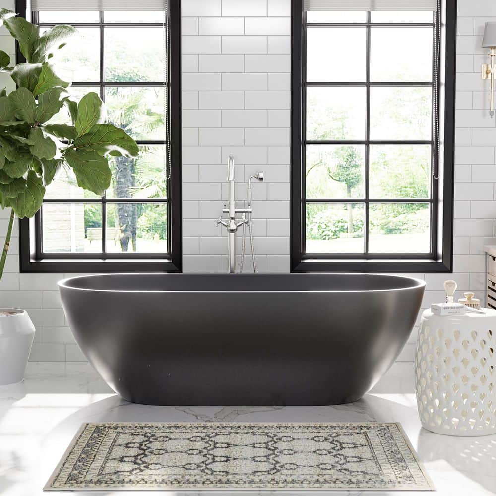 Boyel Living 37 in. Solid Surface Stone Resin Freestanding Soaking Bathtub with Center Drain, Drainer and Hose (1)