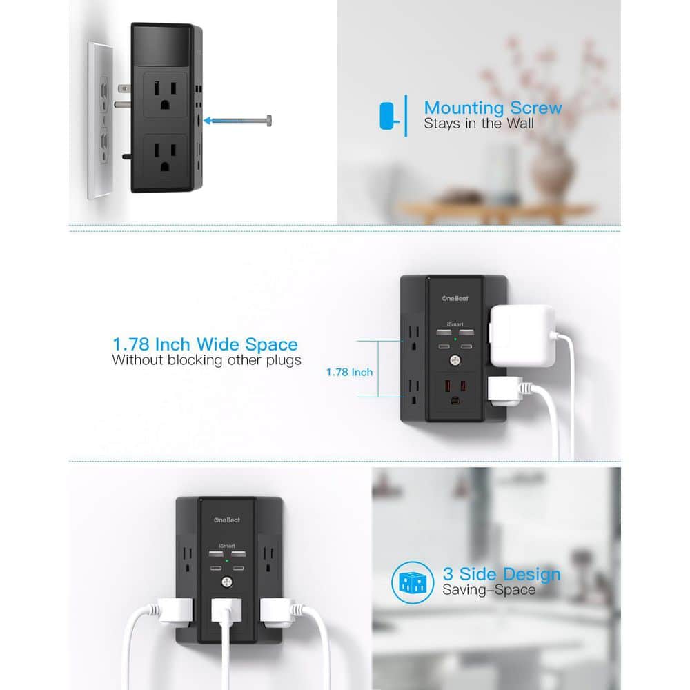 BIBIVIS Black Surge Protector 5 Outlet Extender with 4 USB Charging Ports, 3-Sided 1800J Power Strip Outlets (3)