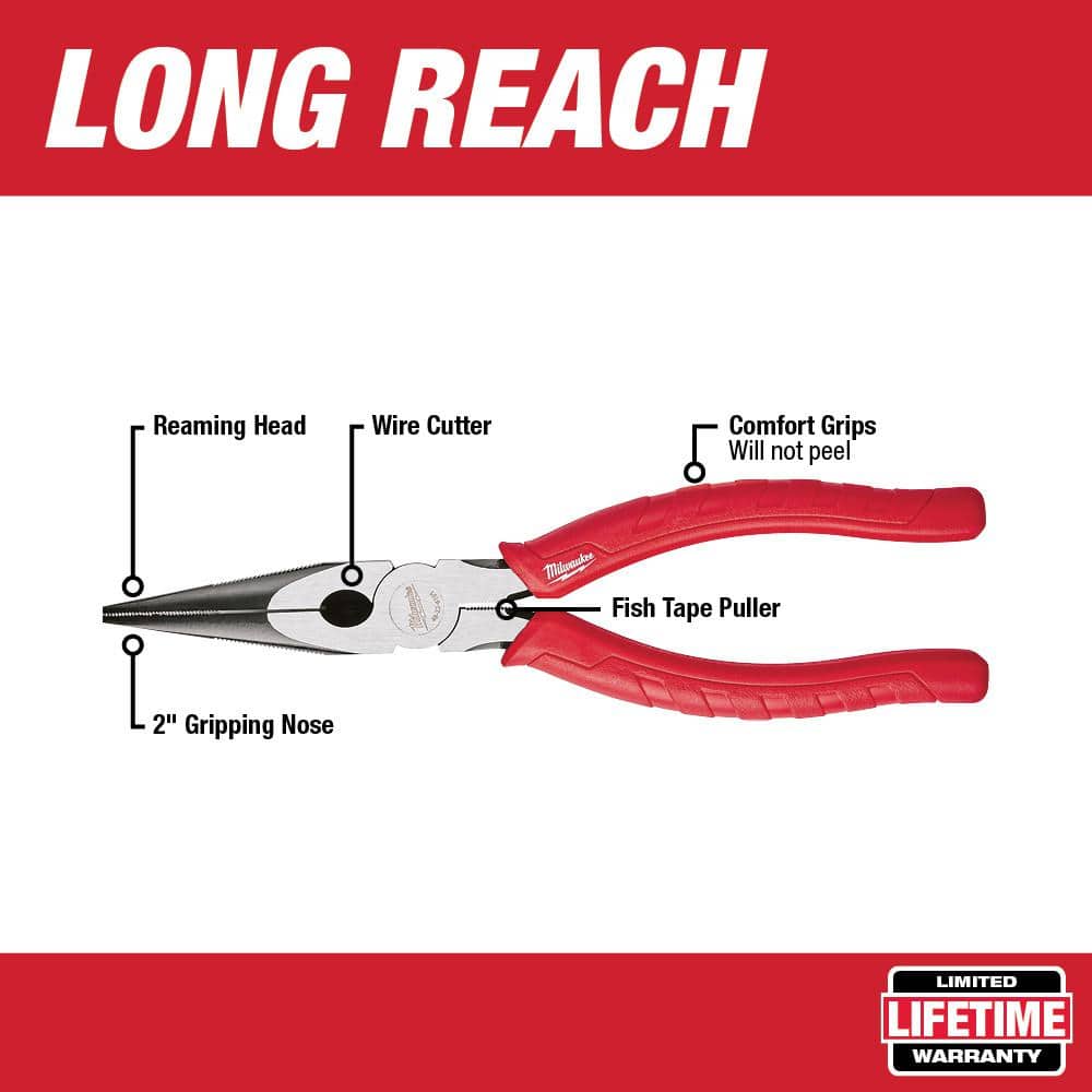 Milwaukee 6 in. and 10 in. Comfort Grip Straight Jaw Pliers Set with 8 in. Comfort Grip Long Nose Pliers (3)