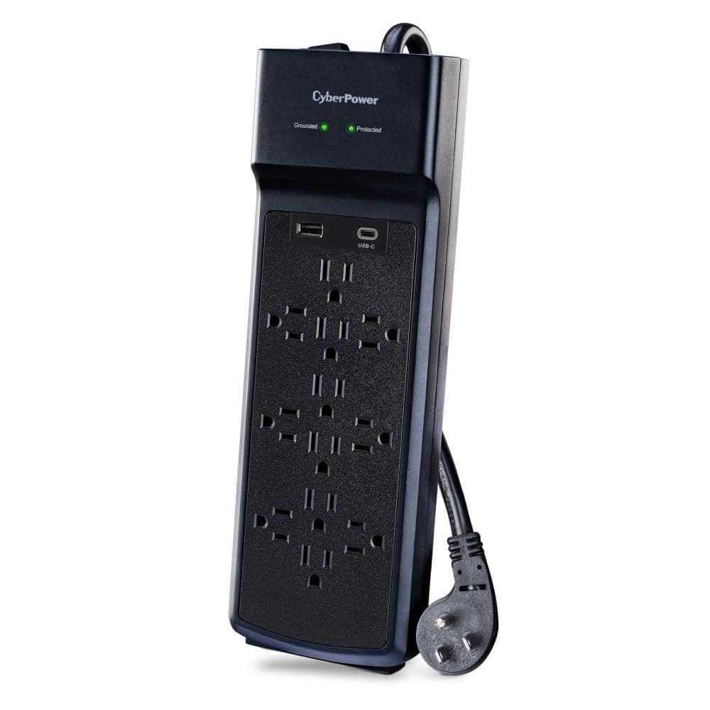 CyberPower 12-Outlet Surge Protector with USB-A and USB-C, 8 ft. Cord, 3000 Joules, Black (2)