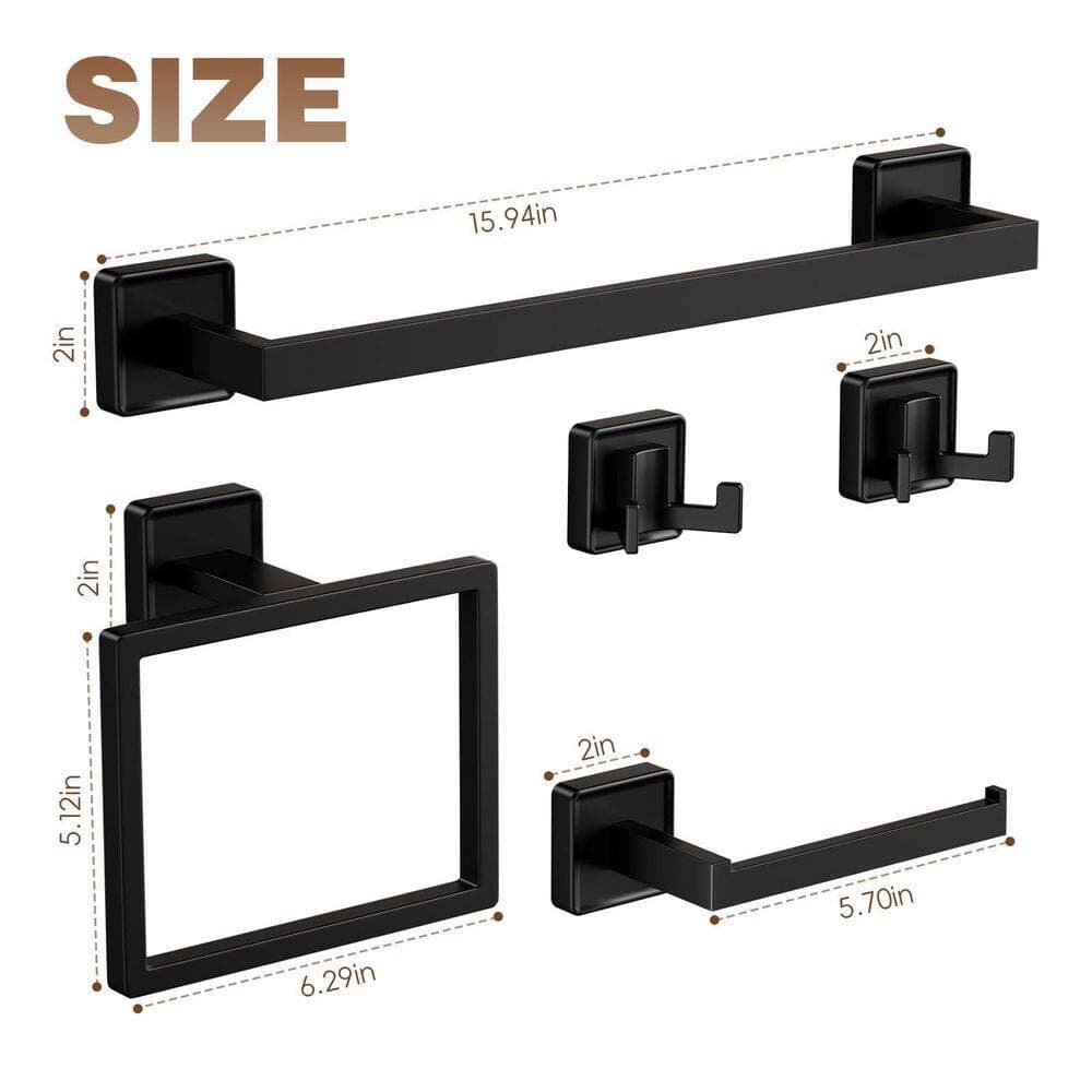 Anqtovp 5-Piece Bathroom Hardware Set with Towel Bar, Towel Ring, Toilet Paper Holder, 2 Hooks in Matte Black (3)