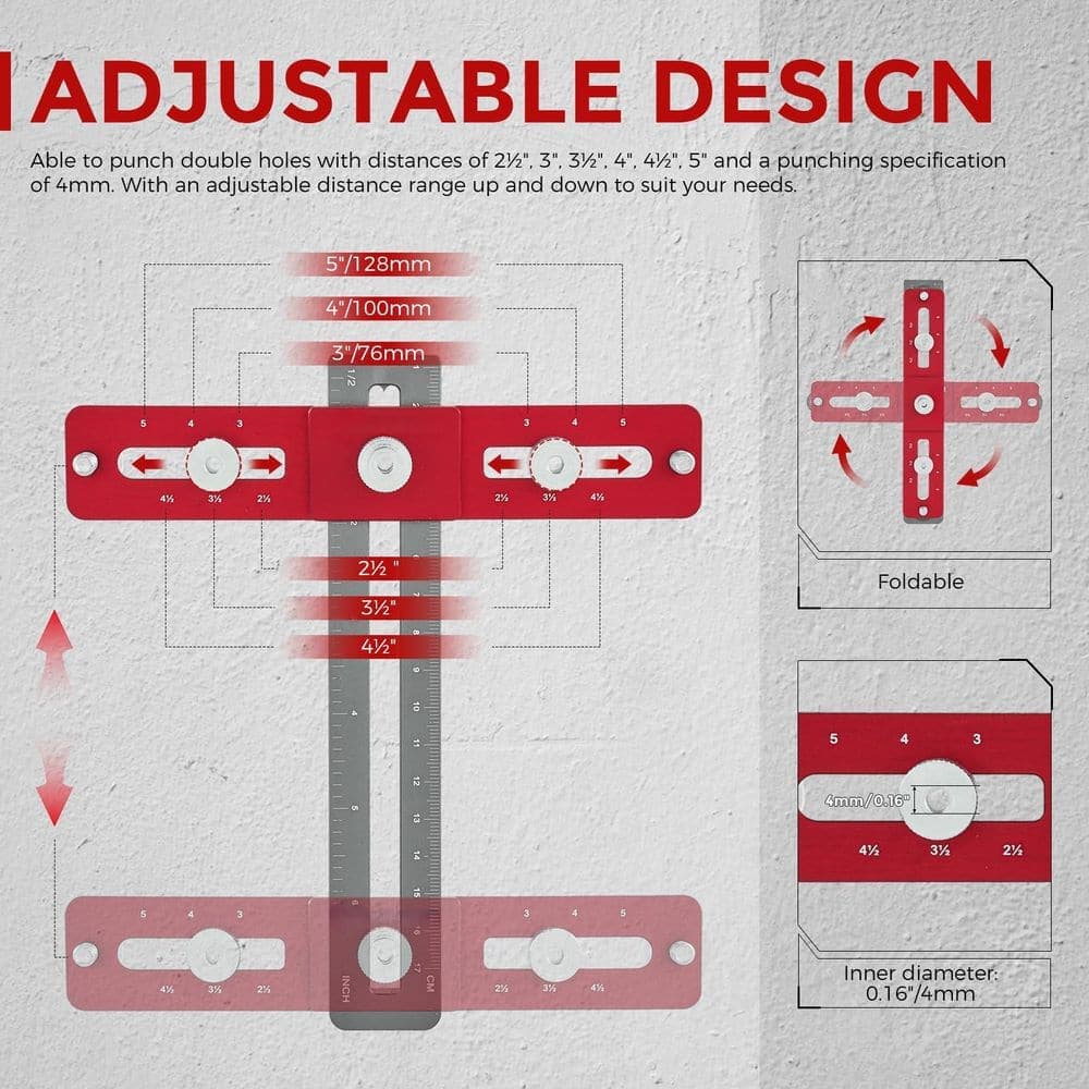 Numhew ‎Red Aluminum Adjustable Cabinet Hardware Doweling Jig, Knobs and Pull 5 in. Jig Saw with Pencil for Installing Drawers (2)