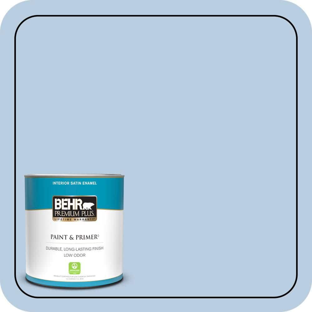 BEHR PREMIUM PLUS 1 qt. #580C-3 Impressionist Sky Satin Enamel Low Odor Interior Paint & Primer (1)