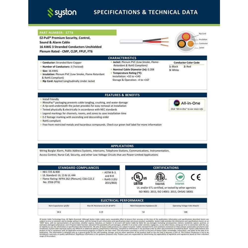 Syston Cable Technology 16/3 White CMP/FPLP/CL P Stranded-Unshielded Bare Copper Security/Alarm/Control/Sound Wire Plenum-Rated UL ROHS (3)