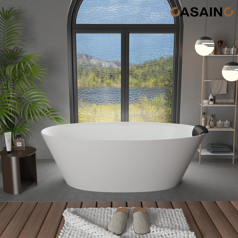 CASAINC 67 in. x 34 in. Solid Surface Stone Free Standing Tub Soaking Bathtub in Matte White with Black Bathtub Pillow (2)