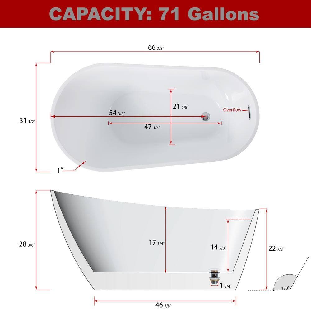 Boosicavelly 67 in. 32 in. Acrylic Freestanding Soaking Bathtub with Reversible Drain (2)