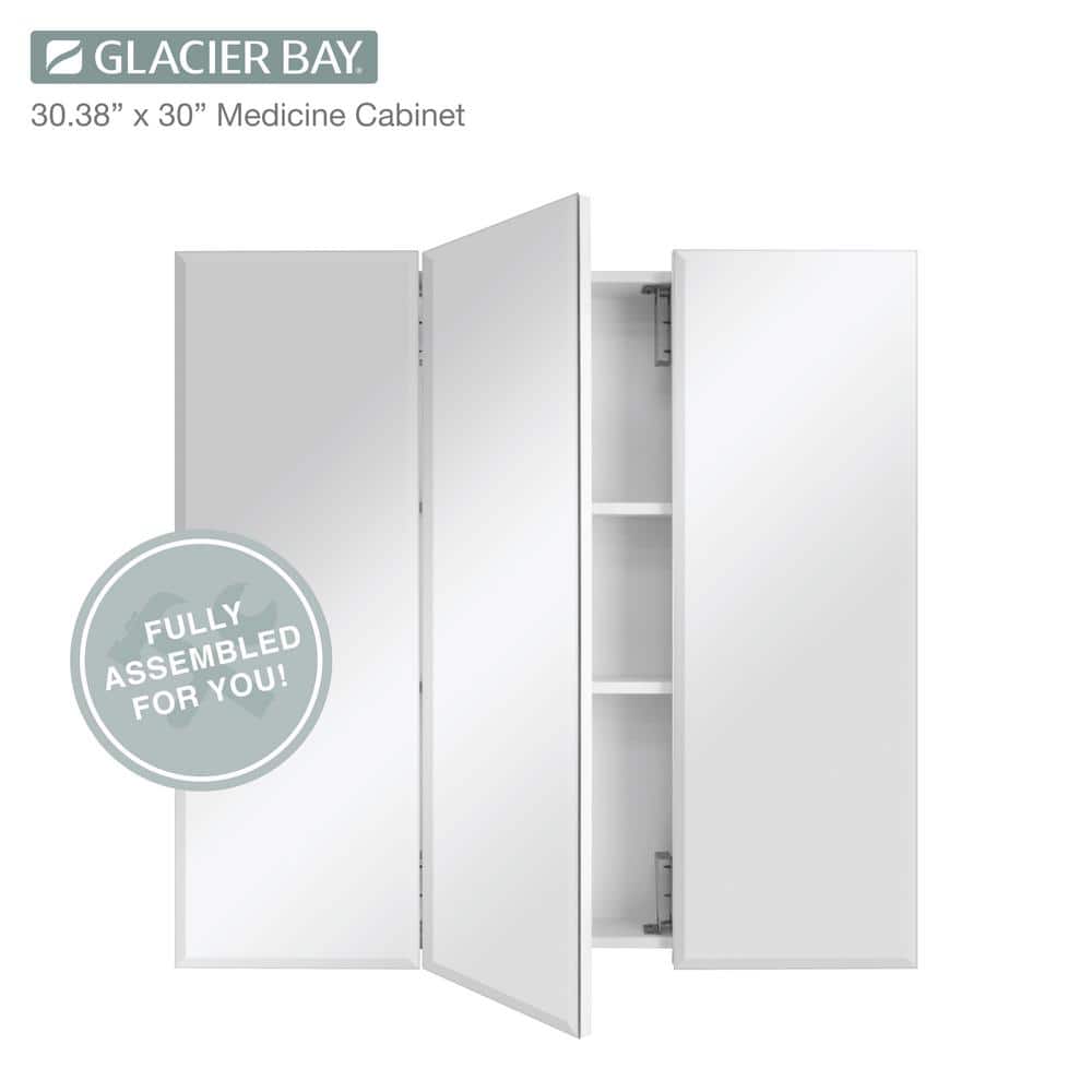 Glacier Bay 30.4 in. W x 30.2 in. H Rectangular Medicine Cabinet with Mirror in White with Adjustable Shelves (4)