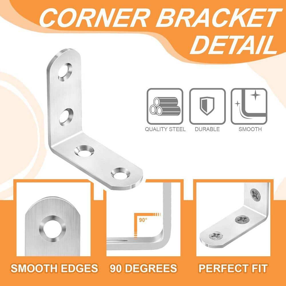 KIWDZFU 1. 6x1. 6 Inch Stainless Steel 90 Degree Corner Brace Metal Right Angle Bracket for Wood Shelves with 96 Screws 24 Pack (3)