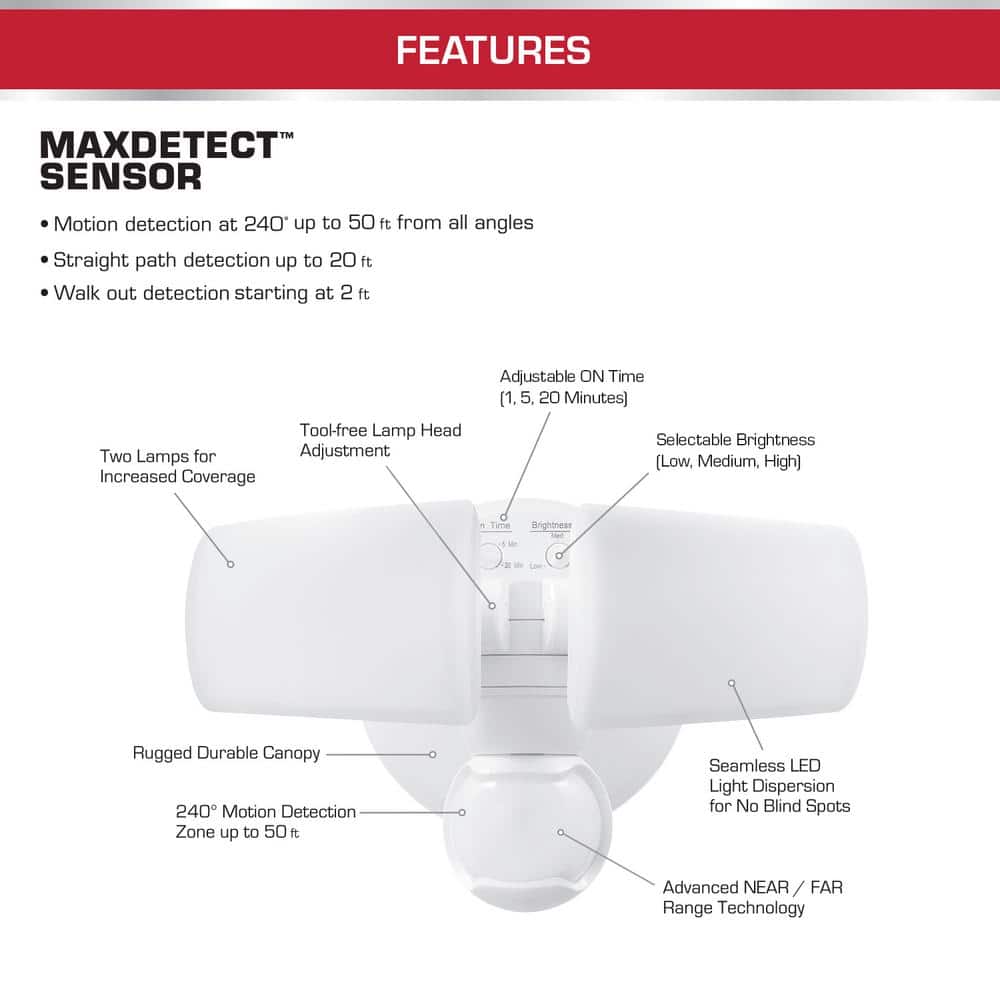 Defiant MaxDetect 240° White Motion Sensor Wired Outdoor 2-Head LED Security Flood Light 2000 Lumens (4)