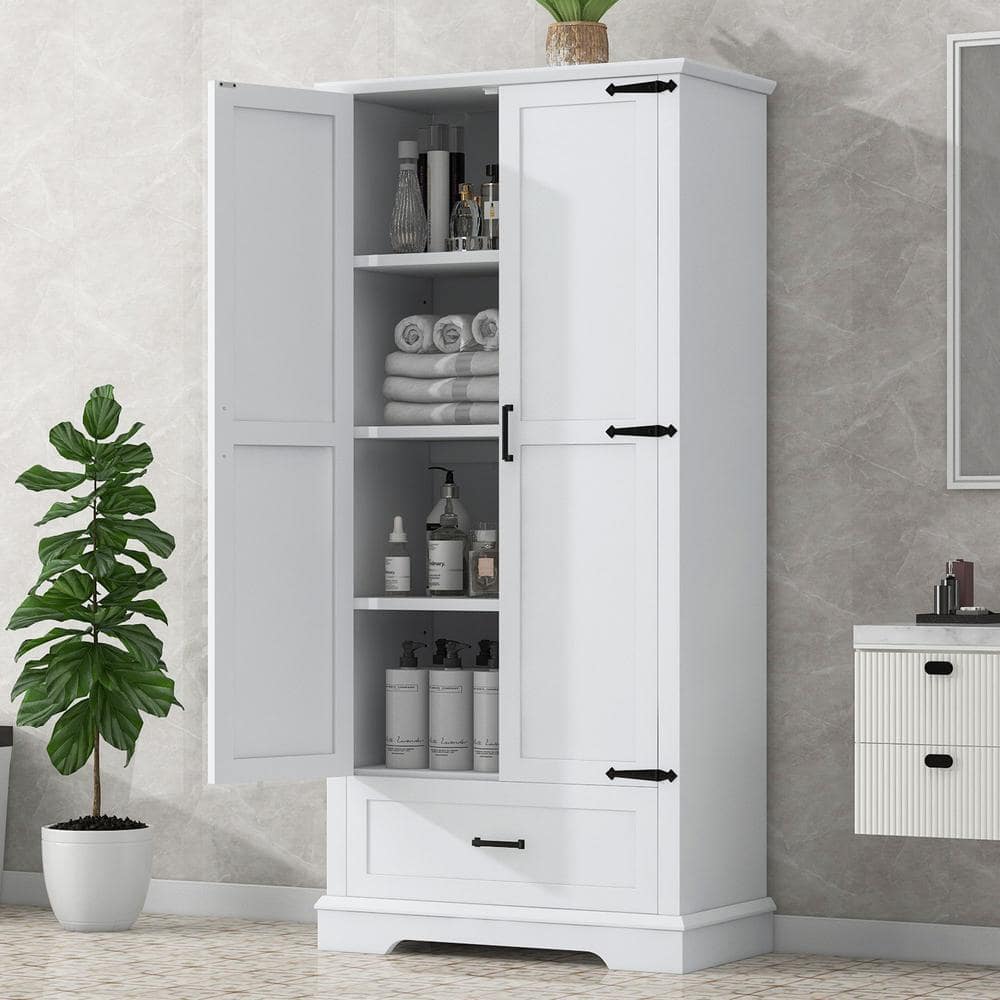 EPOWP 31 in. W x 16 in. D x 69 in. H White MDF Freestanding Tall Linen Cabinet with Adjustable Shelves and Drawer in White (1)