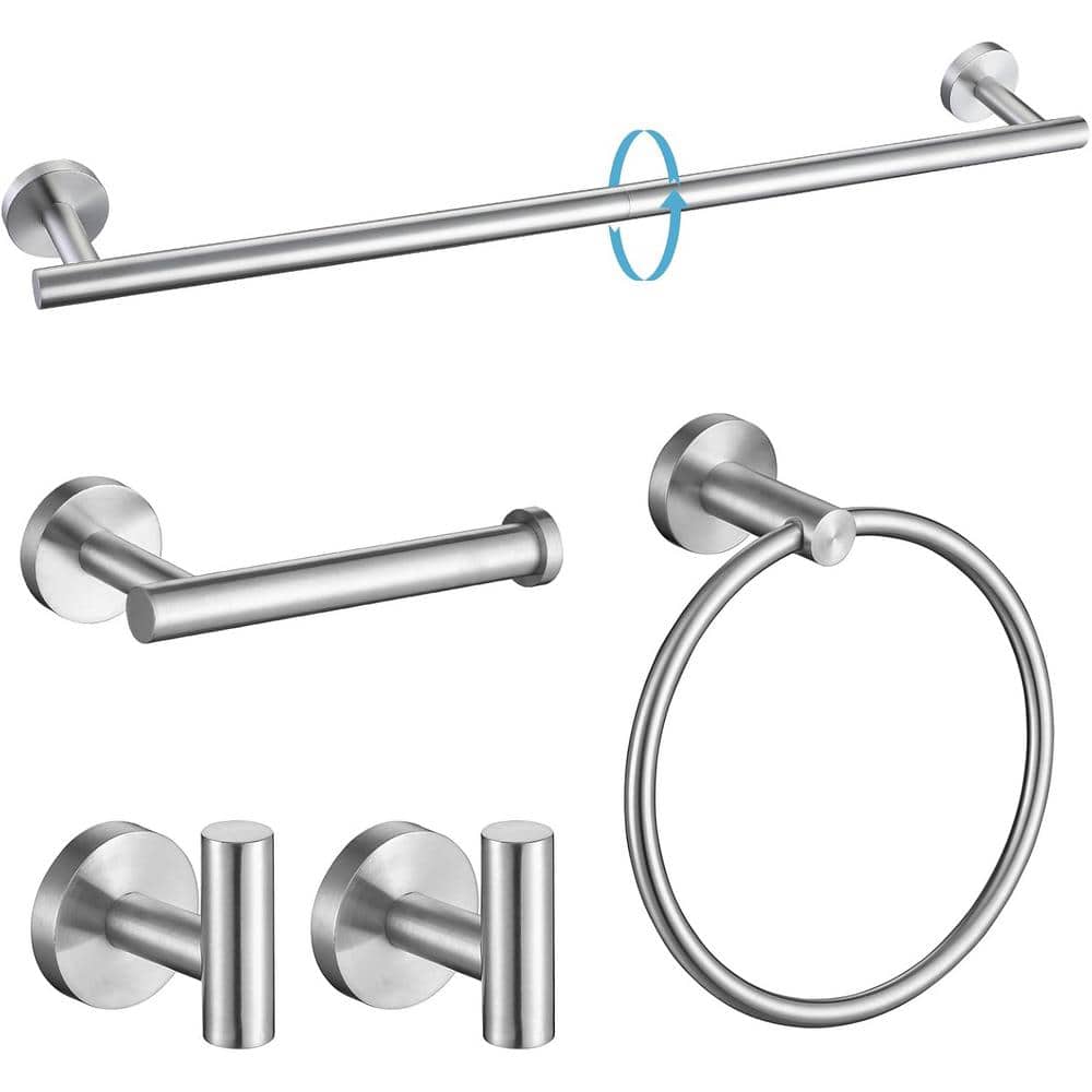 Unbranded Stainless Steel Bath Hardware Set Towel Bar, Ring, 2-Robe Hooks and Toilet Paper Holder