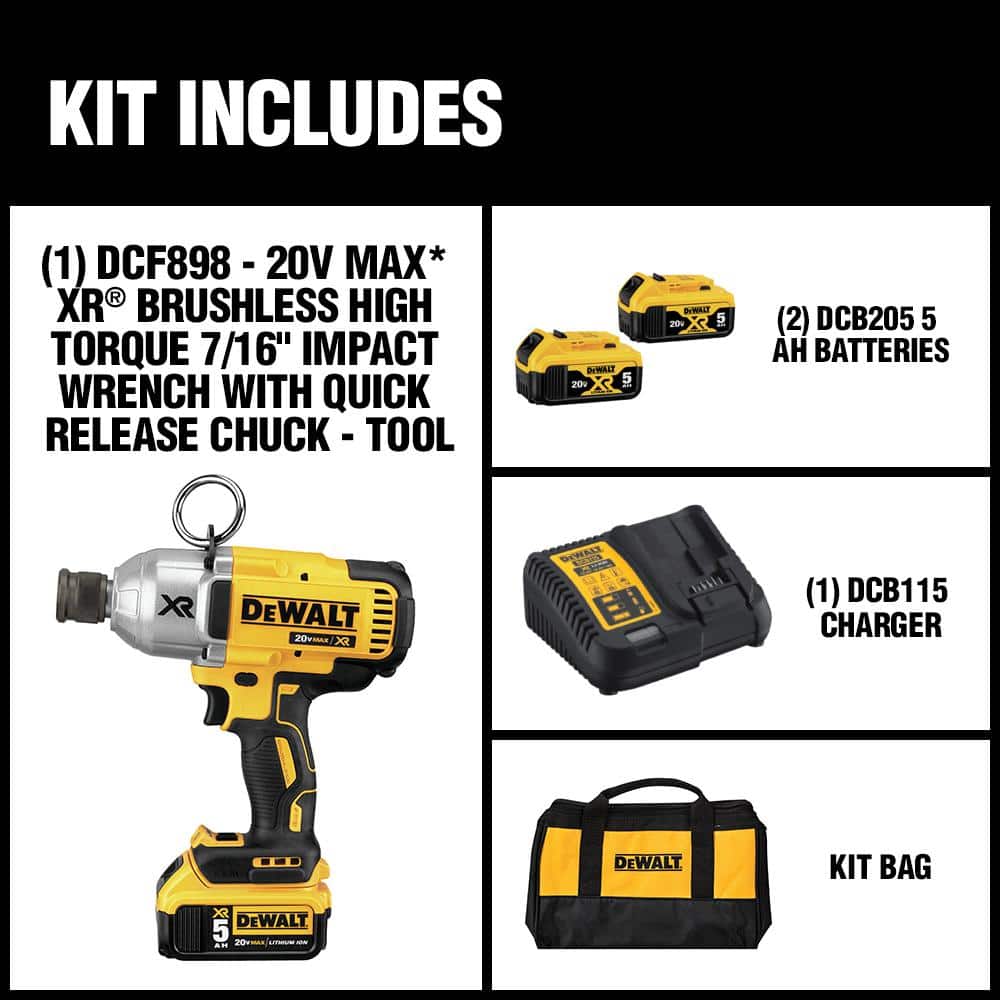 DEWALT 20V MAX XR Cordless Brushless 7/16 in. High Torque Impact Wrench Quick Release Chuck and (2) 20V 5.0Ah Batteries (2)