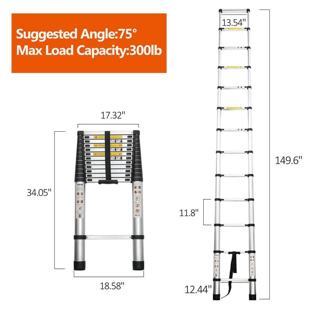 KIWDZFU 11.5 ft. Aluminum Telescopic Straight Ladder with 330 lb. Load Capacity Type 1A with 360 Rotatable Stabilizer Bar (3)