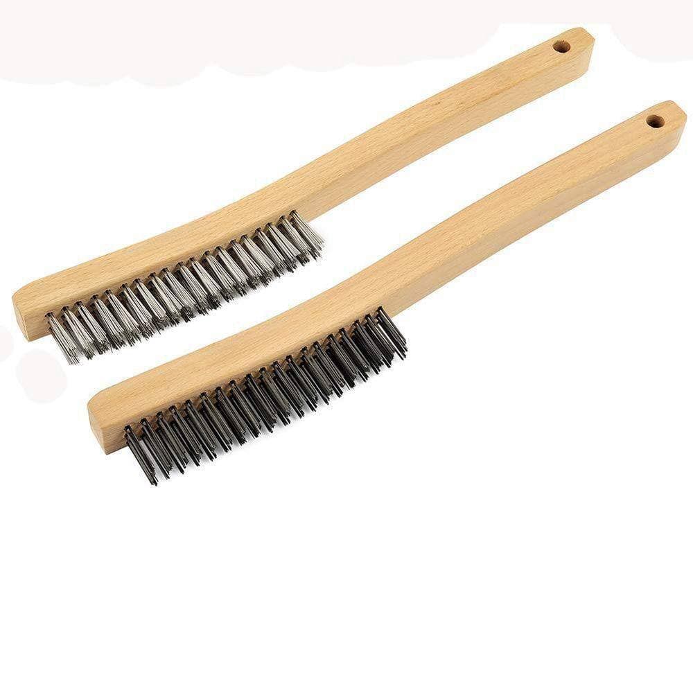 KIWDZFU Heavy Duty Carbon Steel Stainless Steel Wire Brush Set for Rust Cleaning with 14 Beechwood Handle (2-Pack) (3)