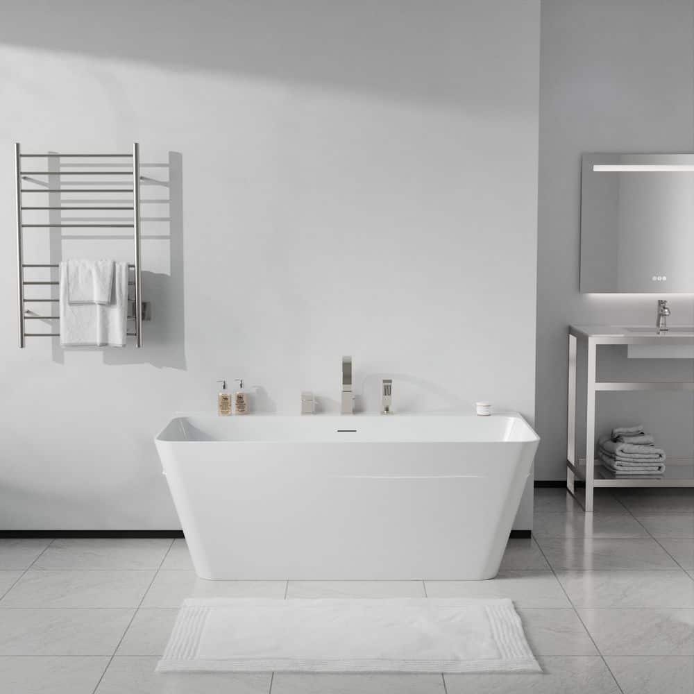 ANZZI Vault Series 59 in. x 30 in. Flat Bottom Acrylic Freestanding Soaking Bathtub with Center Drain, Brushed Nickel Faucet (2)