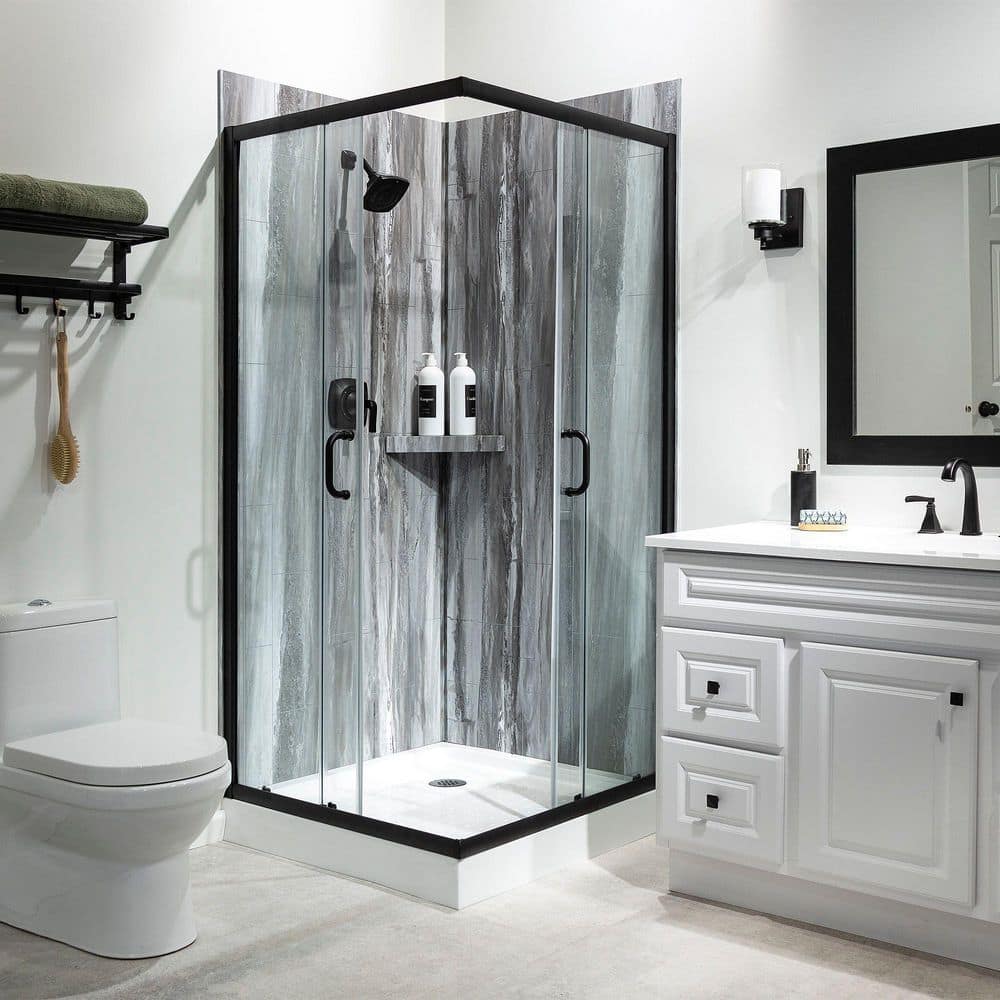 PALISADE 36 in. x 78 in. 2-Piece Glue-Up Corner Shower Wall, Shelf, Trim Kit in Urban Cliff (3)
