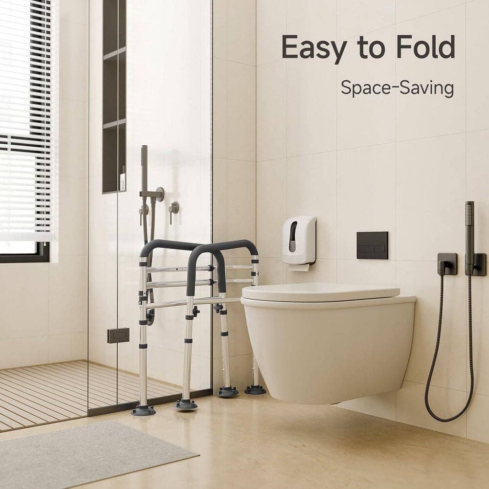 Anqtovp Safety Rail 24.41 in. x 24 in. Adjustable Foldable Support Frame Toilet Seat 24 in. Gray (3)
