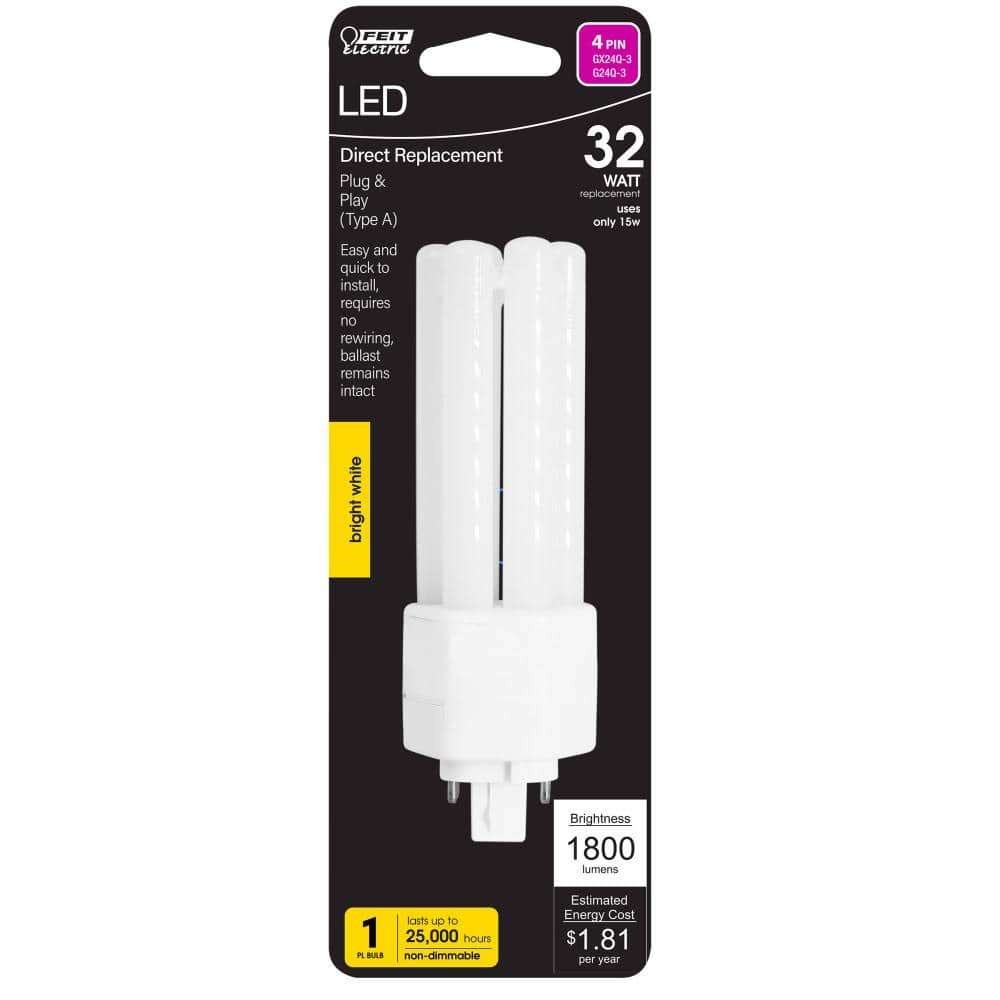 Feit Electric 32-Watt Equivalent PL TriTube CFLNI 4-Pin Plug-In GX24Q-3 Base CFL Replacement LED Light Bulb, True White 3500K (1-Pack) (3)