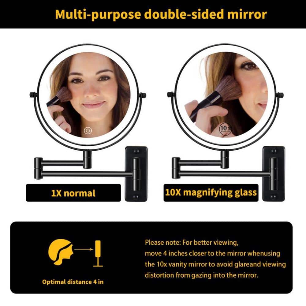 Amucolo 8 in. W x 12 in. H LED Lighted Round 1X/10X Magnifying Wall Mount Touch Dimmable Bathroom Makeup Mirror in Black (3)