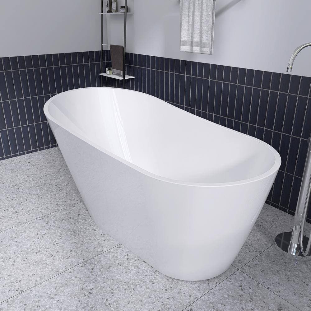 Zeafive Dazf 59 in. x 30.75 in. Acrylic Soaking Tub Flatbottom Free Standing Bathtub Chrome Anti-Clogging Drain in Glossy White (3)