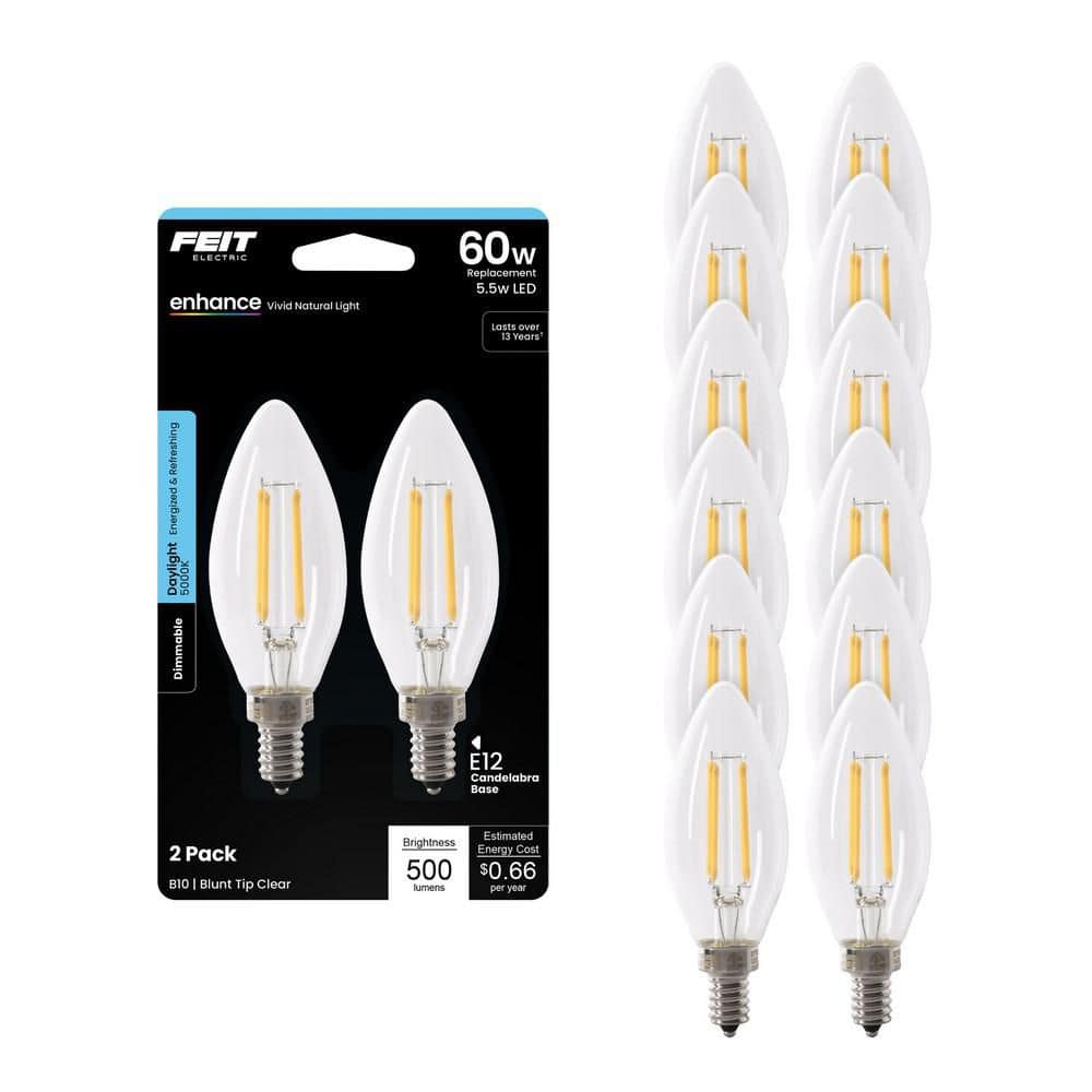 Feit Electric 60-Watt Equivalent B10 E12 Candelabra Dimmable CEC Clear Glass Chandelier LED Light Bulb, Daylight 5000K (12-Pack)
