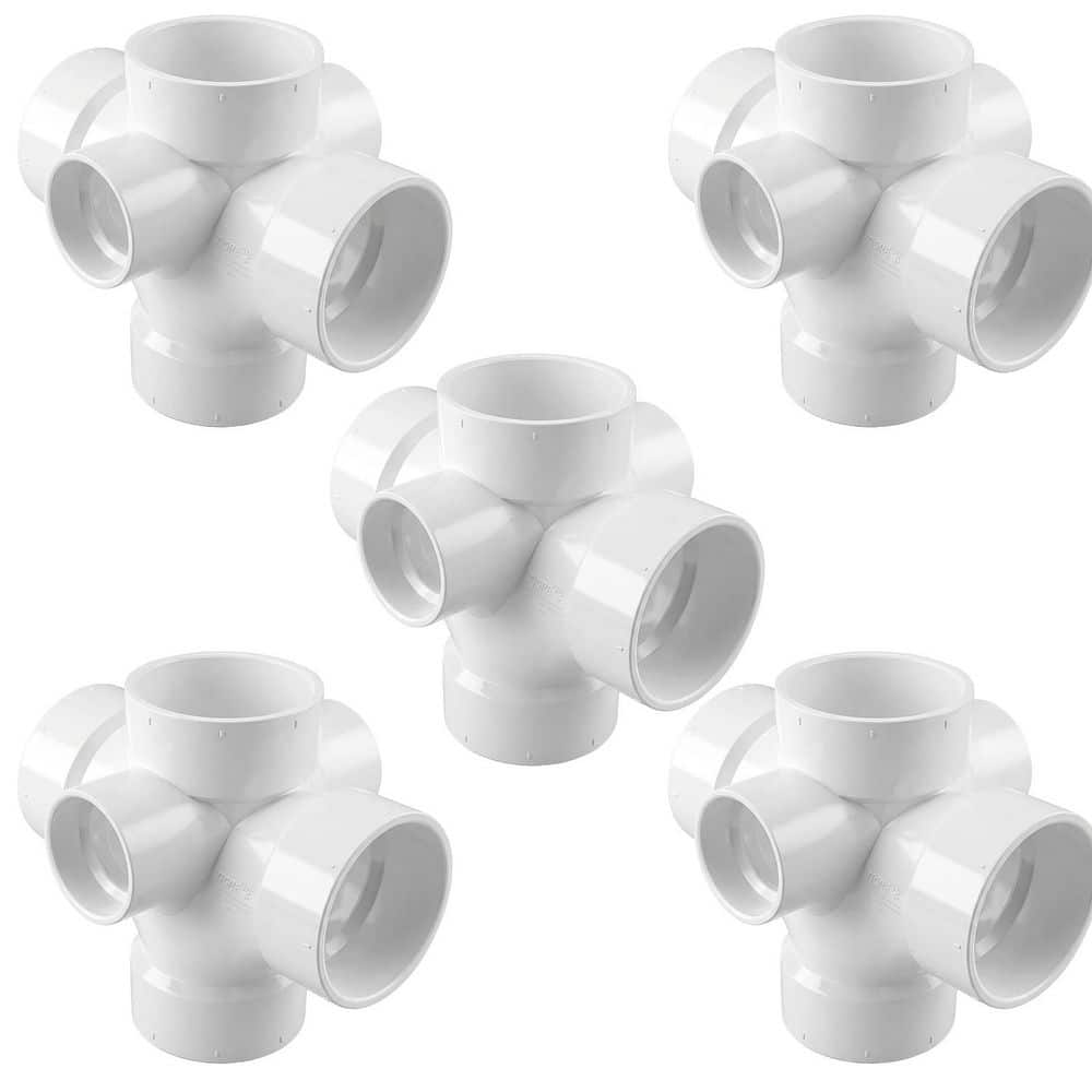 PLUMBFLEX 4 in. x 2 in. Rigid PVC DWV Double Sanitary Tee with Side Inlet, 0.67 Ft Long, White, Schedule 40 (5 Pk) (1)