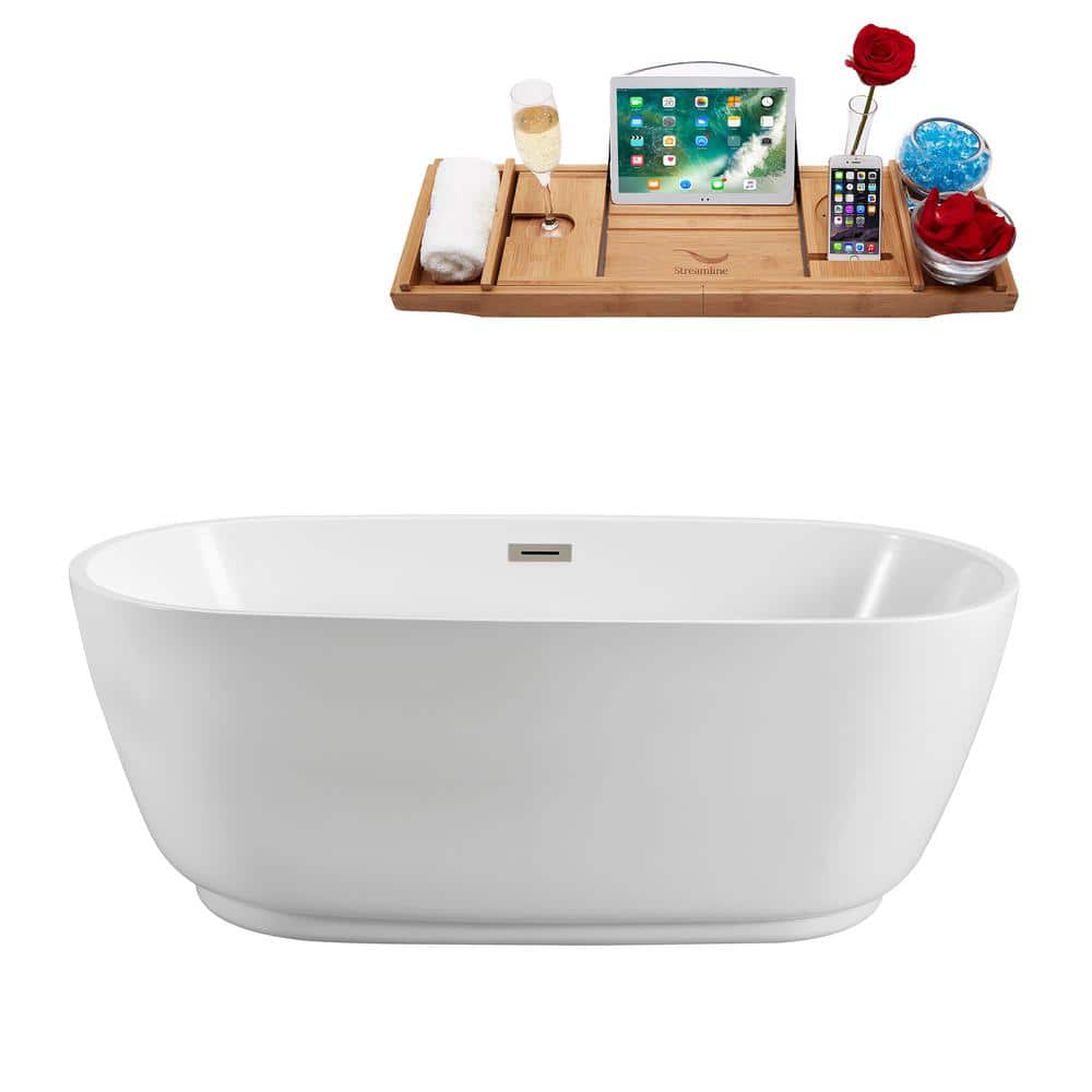 Streamline 71 in. 32 in. Acrylic Freestanding Soaking Bathtub Glossy White With Brushed Brass Drain (1)