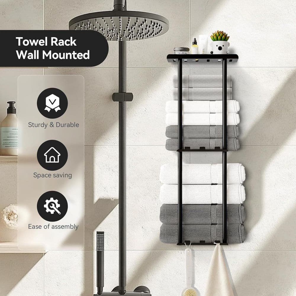 Adrinfly 3-Piece 3-Tier Towel Rack with Shelf & 6 Hooks in Black Wall Mounted Towel Storage Organizer Sturdy Metal Design (3)