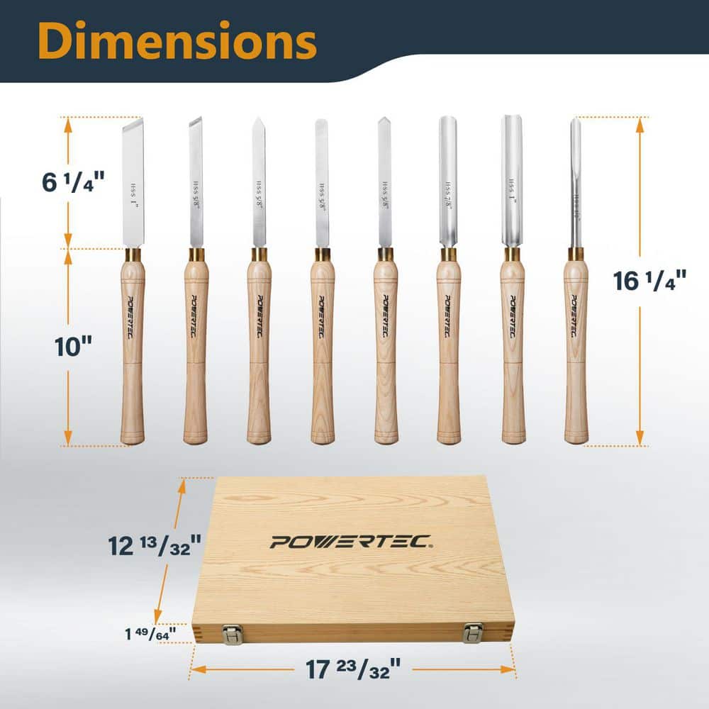 ‎POWERTEC 8-Piece HSS Lathe Chisel Set, Wood Turning Tools with Scrapers, Gouges, Skews (3)