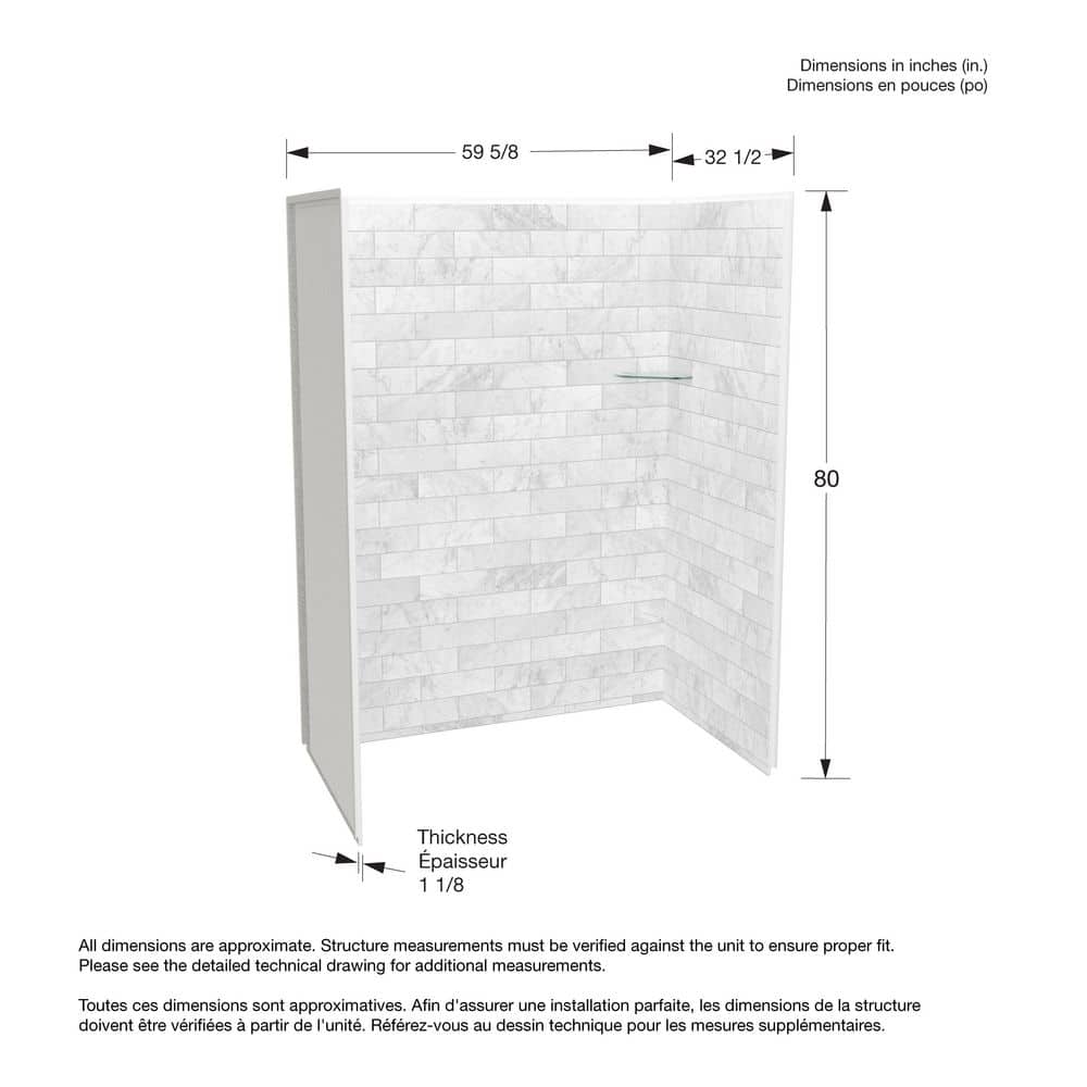MAAX Utile 60 in. W x 32.5 in. D x 80 in. H Composite Direct-to-Stud 3-Piece Alcove Shower Wall Kit in Marble Carrara (3)