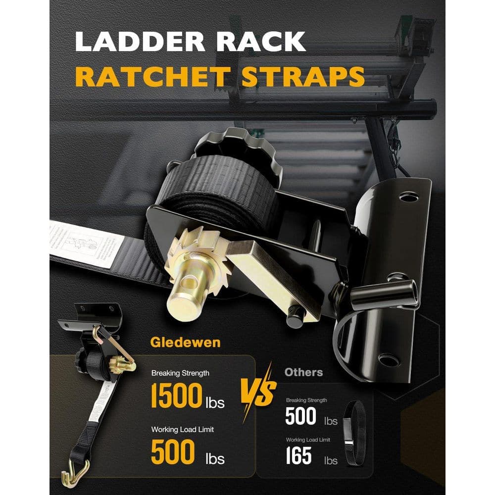 Helhom 4 Pieces Ladder Rack Ratchet Straps with J-Hook, 2 in. Black Round Tube Mount, 500 lb. Load Cargo Buckle Rack Lock Strap (2)