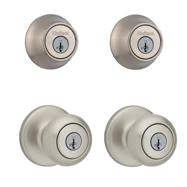 Kwikset Cove Satin Nickel Keyed Entry Door Knob and Single Cylinder Deadbolt Project Pack featuring SmartKey and Microban (2)