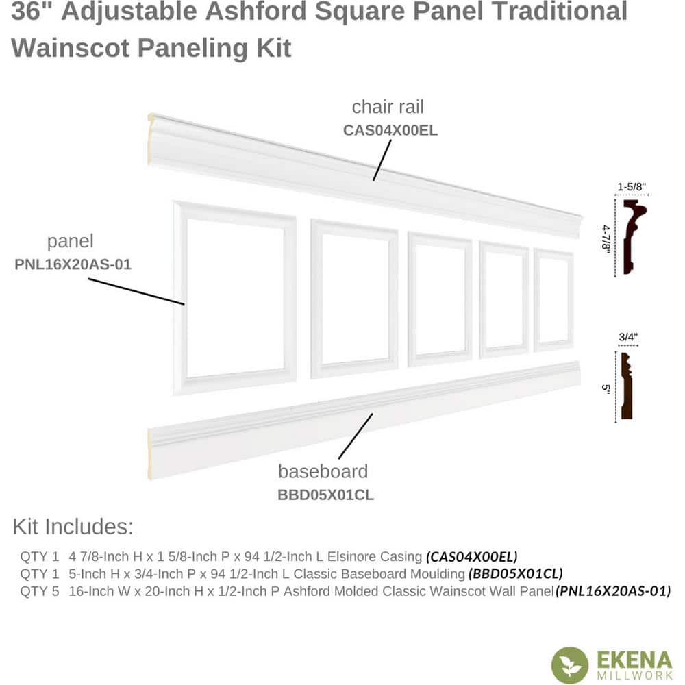 Ekena Millwork 94 1/2 in. (Adjustable 36 in. to 40 in.) 23 sq. ft. Polyurethane Ashford Square Panel Wainscot Kit Primed (2)