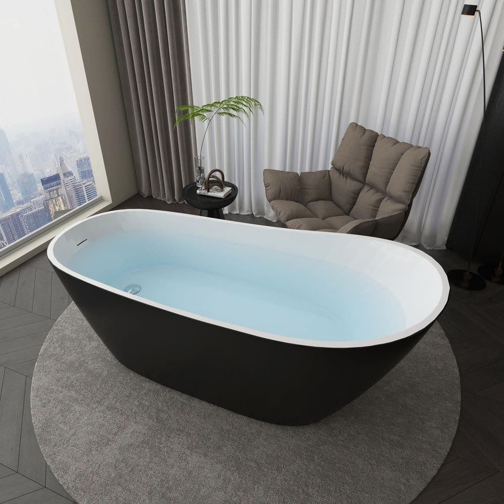 Unbranded 67 in. x 29.5 in. Matte Black Acrylic Single Slipper Freestanding Soaking Bathtub Stand Alone Tub in Chrome (3)
