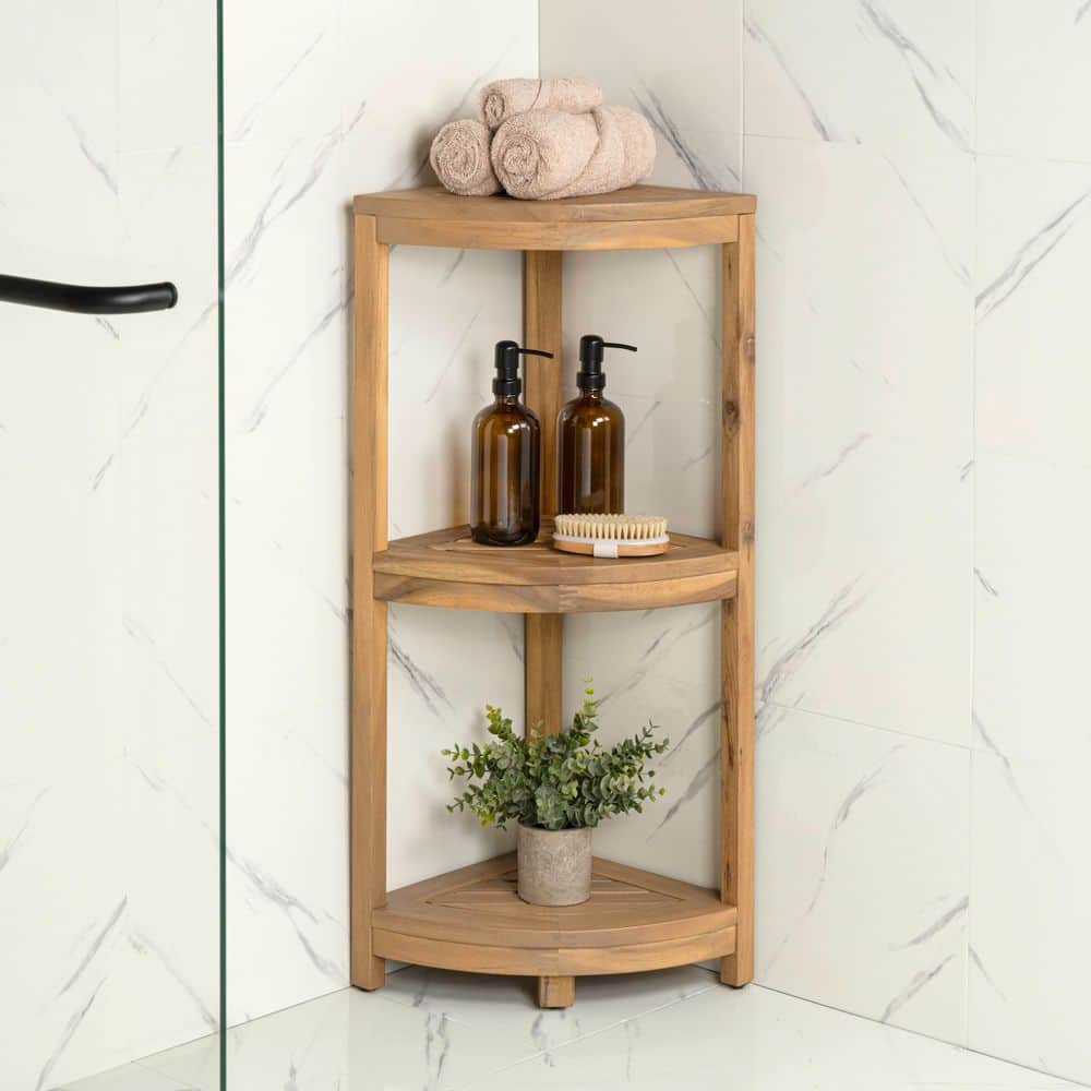 happimess Sela 12 in. W x 33 in. H x 12 in. D 3-Tier Acacia Wood Quarter Round Freestanding Bathroom Corner Shelf, Light Teak (2)