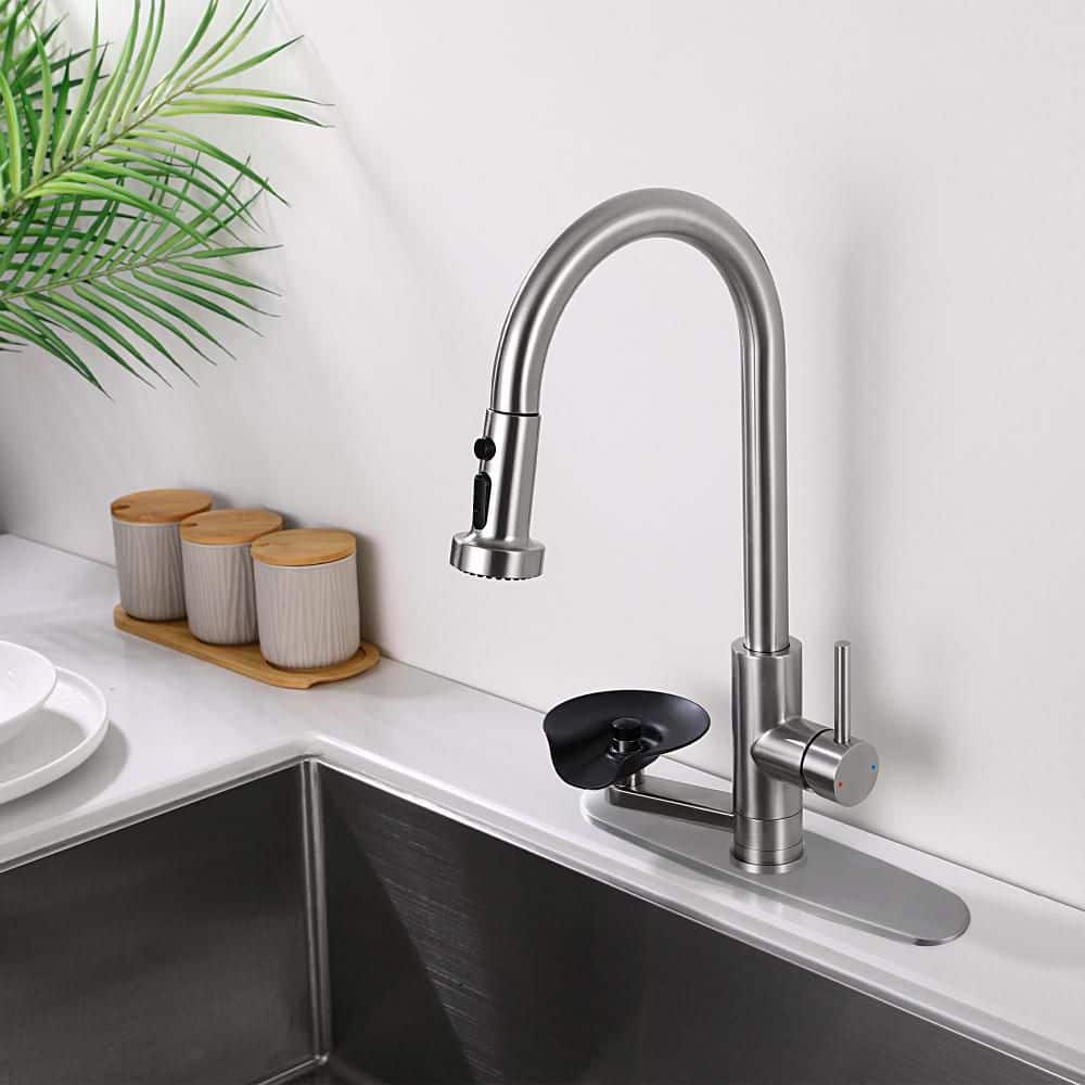 Unbranded 3 in 1 Kitchen Faucet with Press-Type Glass Rinser Pull-Down Sprayer Bath Accessory Set Brushed Nickel Finish 1 Piece (2)