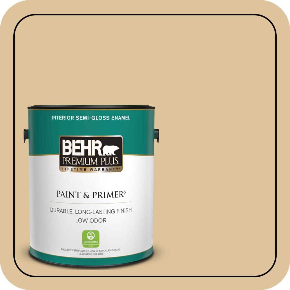 BEHR PREMIUM PLUS 1 gal. #S300-3 Almond Cookie Semi-Gloss Enamel Low Odor Interior Paint & Primer