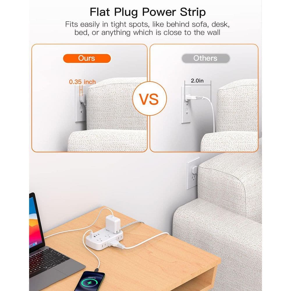 Unbranded 5 ft. Cord 6-Outlet Power Strip 2 USB-A Ports 2 USB-C Ports Surge Protector Flat Plug Extension for Home Office (2)