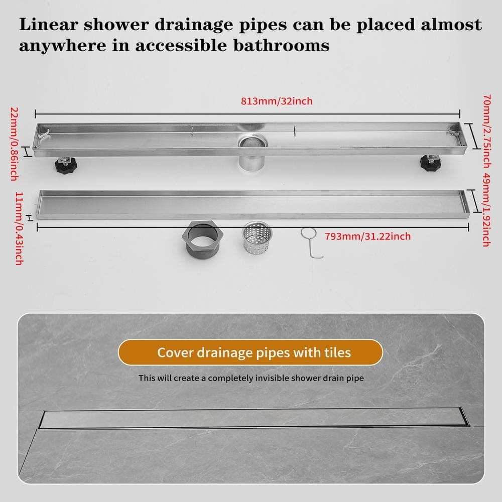 BWE 32 in. Stainless Steel Linear Shower Drain with with Tile Insert Cover Slot Pattern Drain Cover in Brushed Nickel (2)