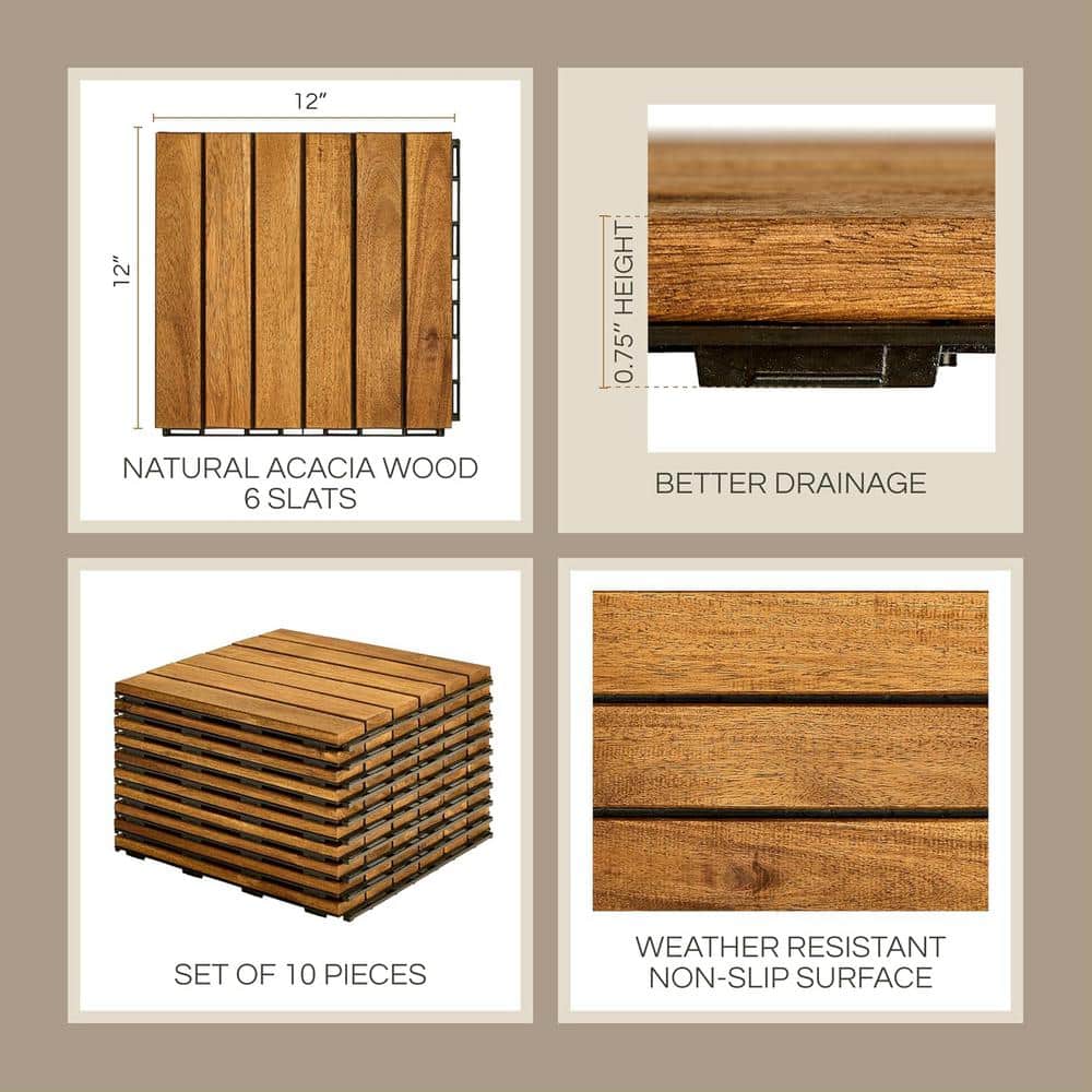 Afoxsos 1 ft. x 1 ft. 10-Pieces Wood Deck Tiles Water Resistant for Indoor and Outdoor Floorn in Golden Teak (2)